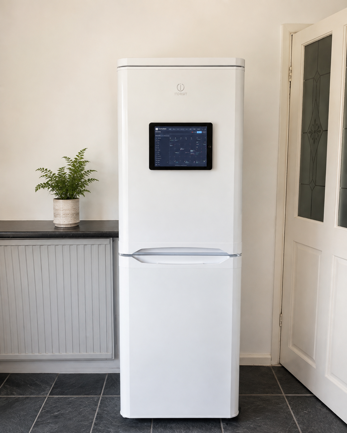 FamilySlate running on an iPad mounted to a kitchen fridge
