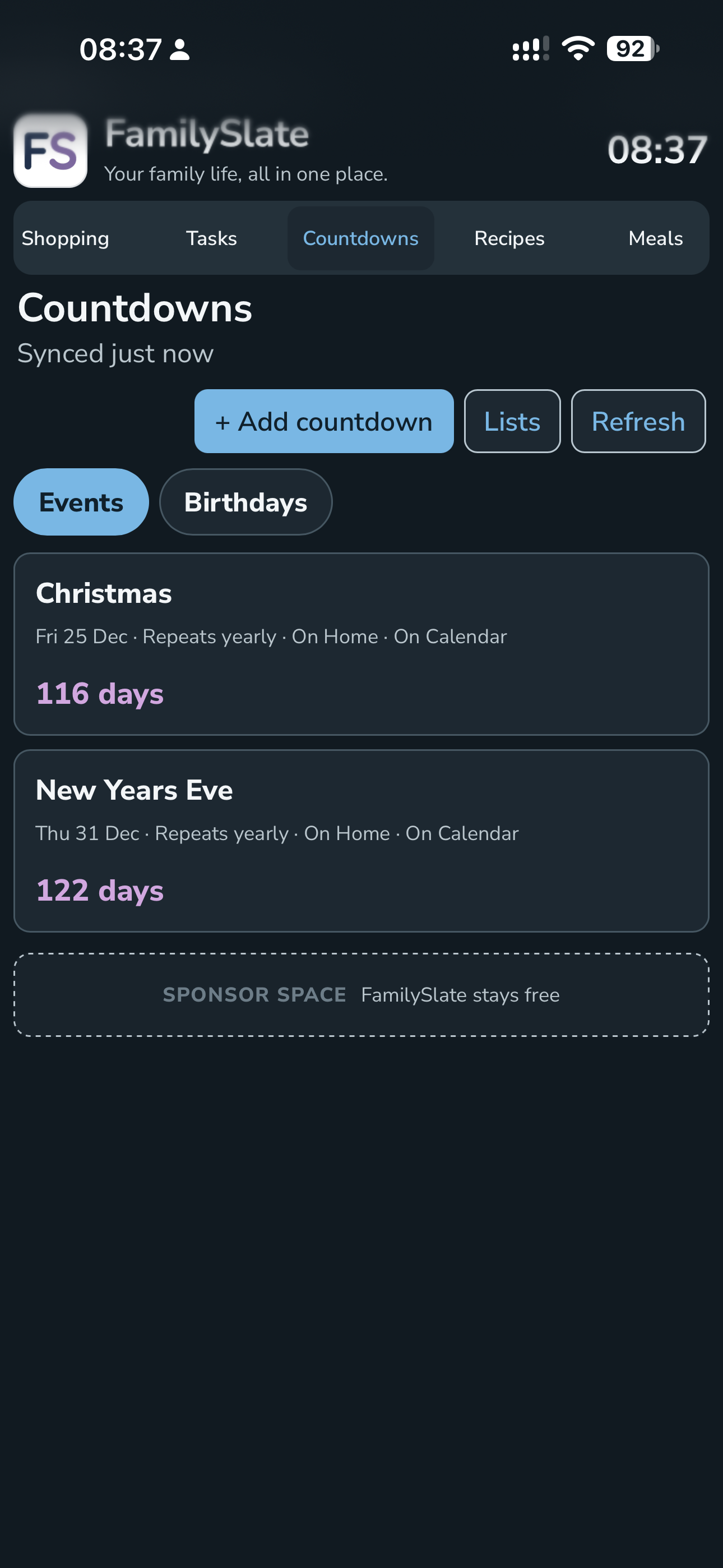 FamilySlate countdowns on phone